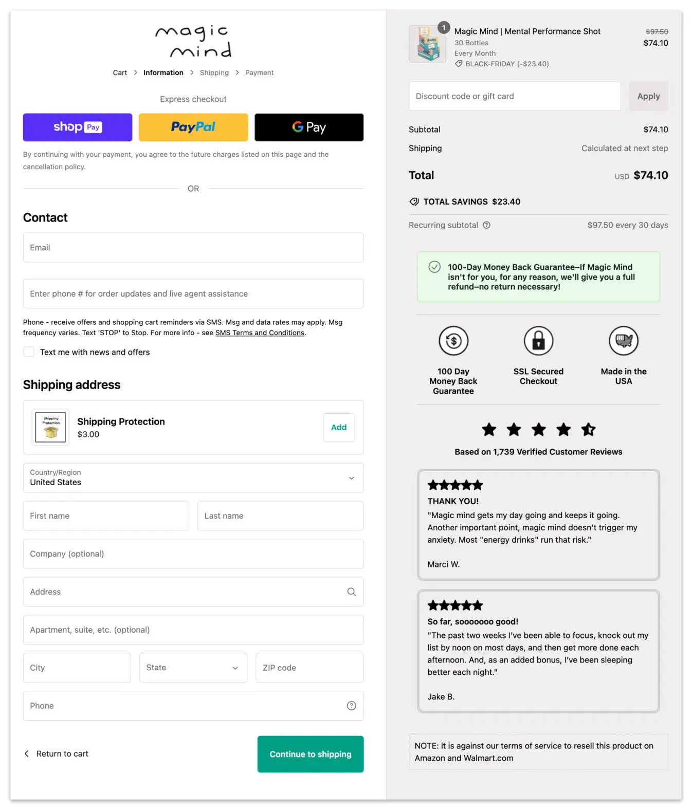 Magic Mind Drink checkout page.